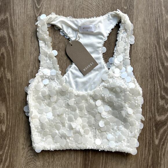Meshki Maude Sequin Racer Crop Top Ivory Statement Party Small - Picture 2 of 16